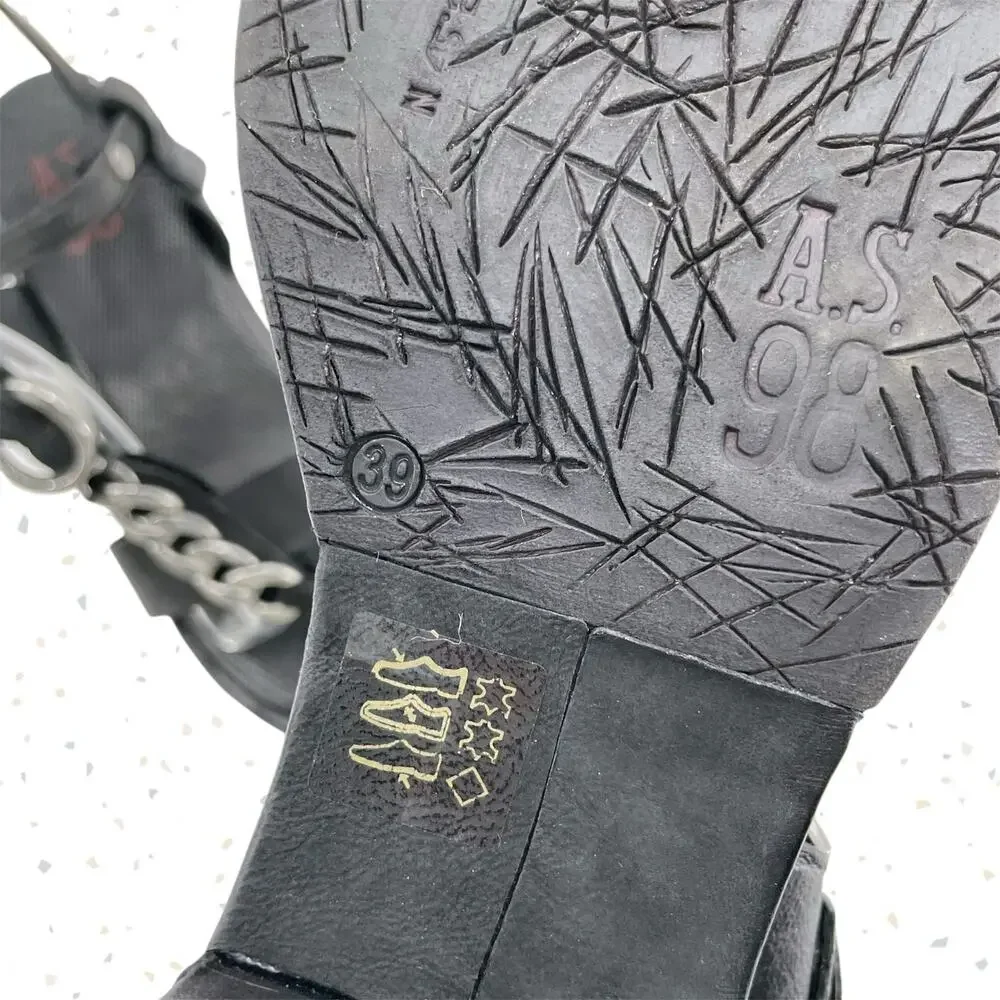 A.S.98 Black Leather Silver Chains Strappy Heeled Sandals Edgy Boho Size 39 - Picture 10 of 11